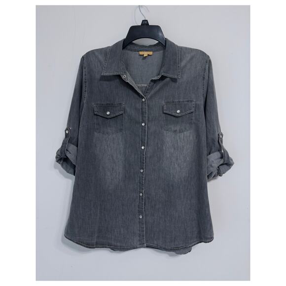 Takara gray denim button-up shirt with rolled sleeves sz XL americana workwear - Picture 1 of 3